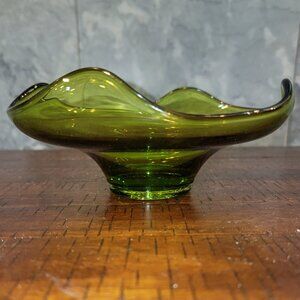 Vintage Viking Green Glass Bon Bon/Candy Dish Footed Bowl with Turned Edges